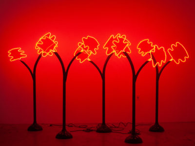 Emma Hendry, Forest Fire, installation with neon trees that eminate a flickering red light, EDGE OF LIGHT at the Plaxall Gallery