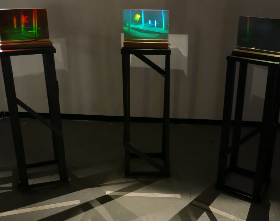 Dan Schweitzer, The Gallery Triptych, 1982, Three white light transmission holograms; glass 11 x 15 x 1/4″